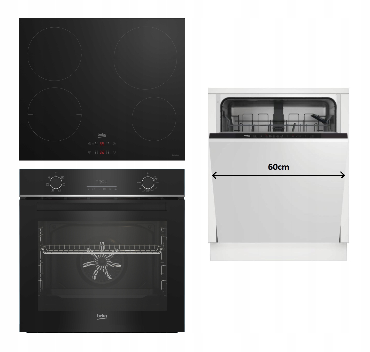 Kompletny Zestaw do Zabudowy Beko: Piekarnik BBIE123001BD + Płyta Indukcyjna HII64400MT + Zmywarka DIN 35320